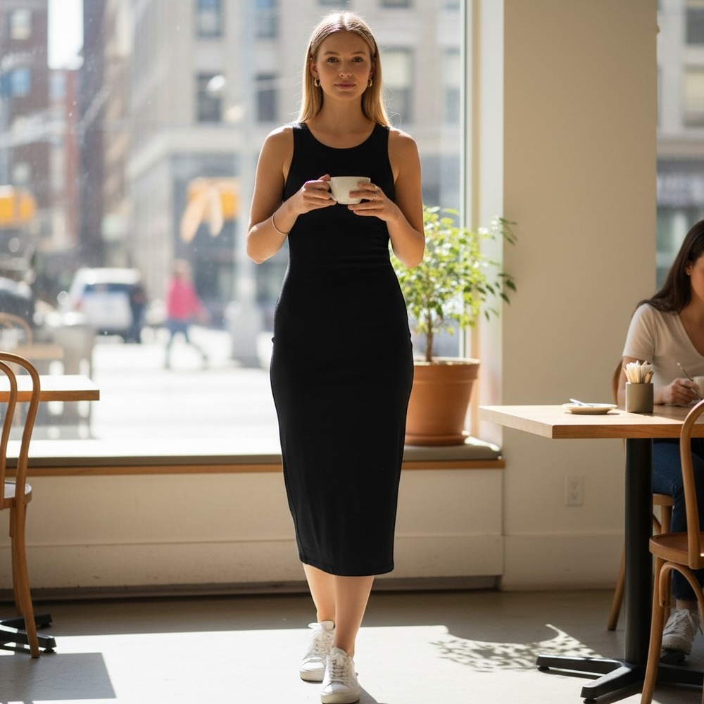 Eileen Fisher Black Silk Jersey Sleeveless High-Low Midi Tank Dress M Logenlook